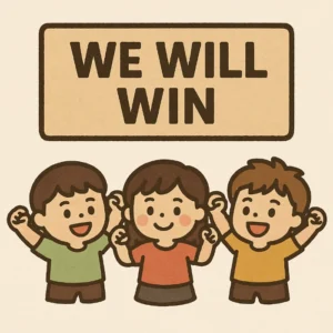3 people below a sign that says 'We will win'