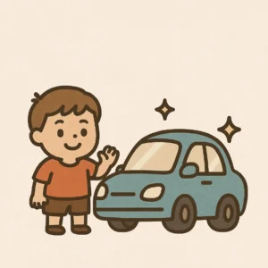 A boy standing next to a new car - ib tug tub sawv ze ib lub tsheb tshiab